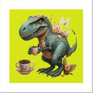 cute trex dinosaur drinking a coffee cute dino coffee time gift ideas ,dinosaur coffee tees gifts Posters and Art